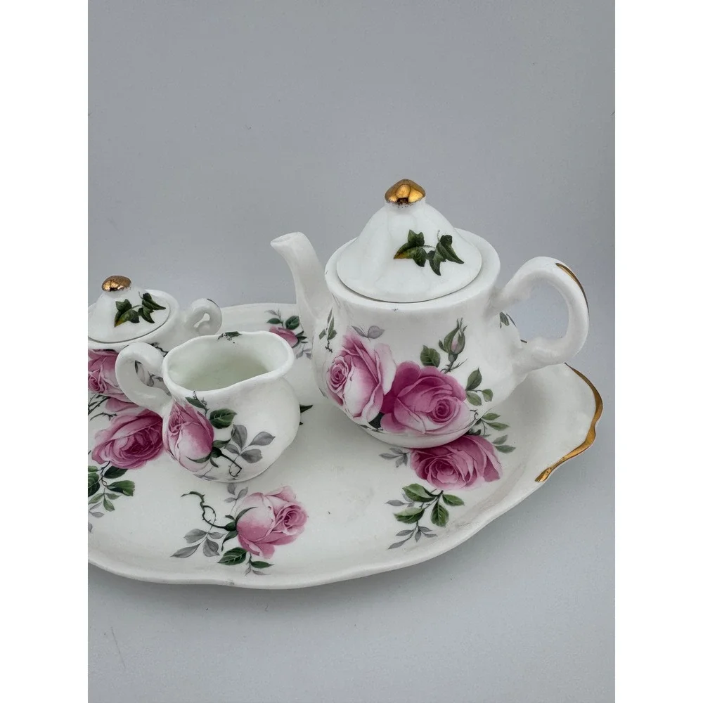 Vintage Crown Victorian Childs Small Bone China Tea Set Creamer Sugar Pot & Tray